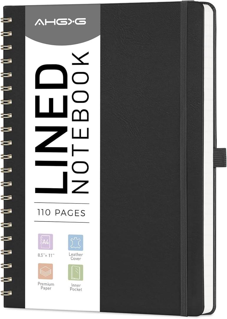 AHGXG Lined Spiral Notebook 8.5" x 11", A4 Large Notebooks for Women Men, Hardcover Leather Notebook College Ruled, 100 GSM Thick Paper, Notebooks for Work School Note Taking Writing, Black