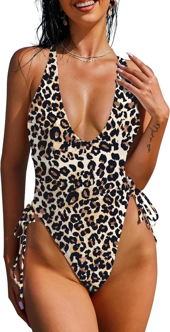 ZAFUL Women Plunging One Piece Swimsuit Backless Cross Tie High Cut Thong One-Piece Bathing Suit (Medium, 0-leopard)