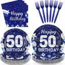 96Pcs 50th Birthday Party Decorations Happy Fathers Day Paper Plates and Napkins Disposable Blue Silver 50 Years Old Tableware Set for Men Women 50th Birthday Anniversary Party Supplies Serves 24