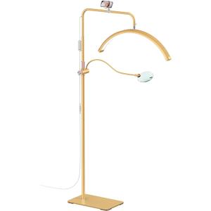 AURELLE Half Moon Lash Light - Adjustable LED Floor Lash Lamp with 4X Magnifier & Phone Holder for Eyelash Extensions,Nail Art,Tattoo,Skincare,Salon SPA-Dimmable Brightness,Rotating Head, Gold