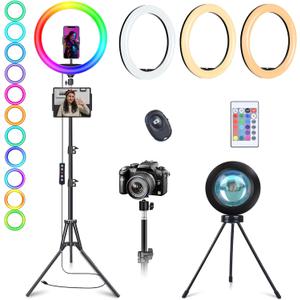 13" Selfie Ring Light with Stand 76" Tall & Phone Holders,Sunset Lamp, Tablet Holder,Desk Tripod& 51 Color Modes, Ring Light Tripod for iPhone,Video Recording,Live Streaming(TikTok/YouTube/Instagram)