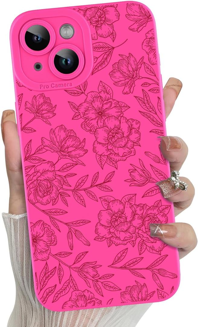 MZELQ for iPhone 15 Case, Silicone Floral Flower Rose Cute Pattern, Camera Protection Soft Slim Phone Case for Girls Women -Hot Pink