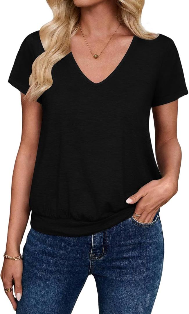 Sialois Short Sleeve Women T Shirts V Neck Tops Fashion Banded Bottom Tops Summer Spring Outfits Beach Vacation Clothes 2026 (Black, XL)