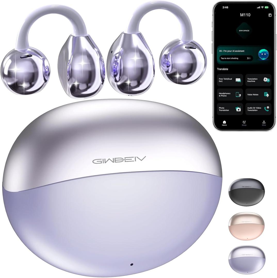 AI Translation Earbuds Real Time, 164 Language Translator Earbuds, 3-in-1 Wireless Clip on Earbuds, Bluetooth 5.4 Headphones, Translating Device for Travel Business Learning (Purple)