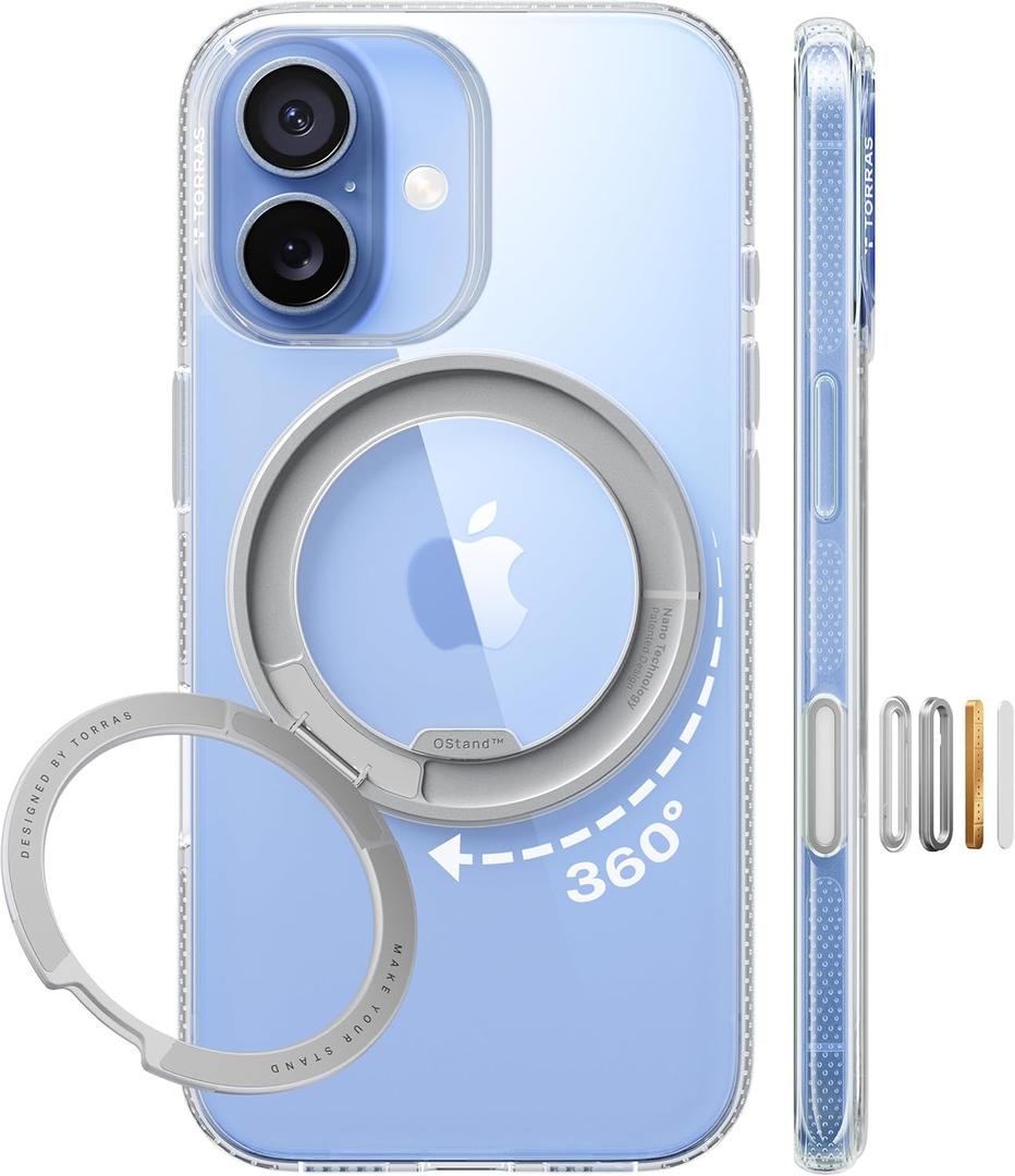 TORRAS 360 Magnetic Stand for iPhone 17 Case, [Rotatable Sturdy Kickstand][Fit for MagSafe][4X Mil-Grade Shockproof] Slim Transparent Phone Cover, Camera Button, Crystal Clear, Ostand O3 Fitness