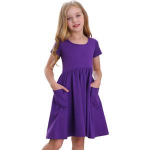 Stelle Girls Short Sleeve Dress Summer Kids Toddler Skater Twirl A Line Solid Color T-Shirt Dress for School Casual, 3T, A19-purple (With Pocket)