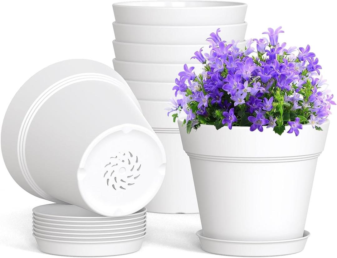 WSMKSZ 4 Inch Plastic Plant Pots with Drainage Holes and Trays 8 Pack Small Nursery Pots for Indoor & Outdoor House Plants and Flowers, Seedling Starter Planters, White