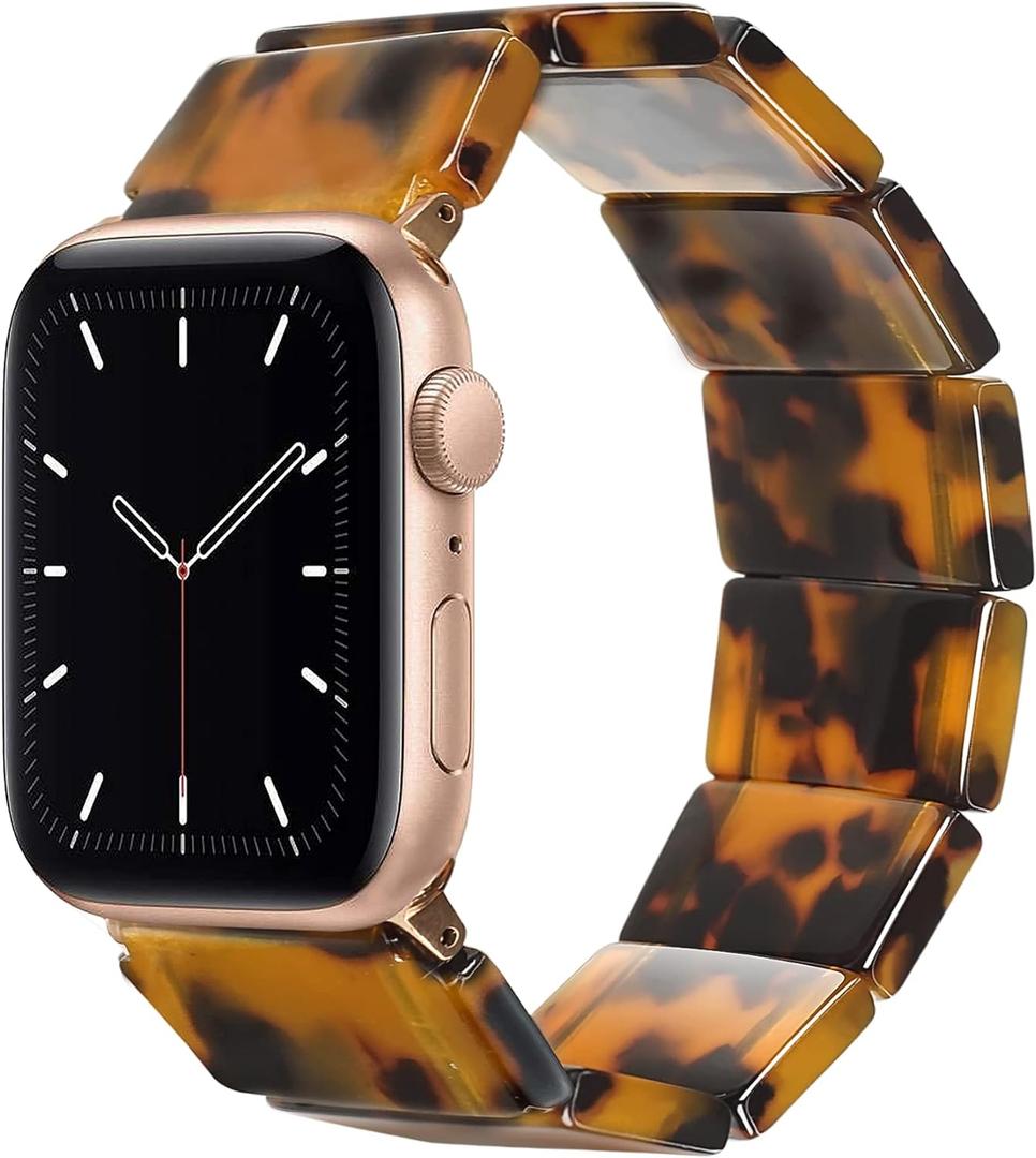Heesch Stretchy Resin Watch Band Compatible with Apple Watch for Women, Tortoise Watch Strap Bracelet Wristband for iwatch Series Ultra/10/9/8/7/SE/6/5, 38/40/41/42mm, 44/45/46/49mm, Rectangle