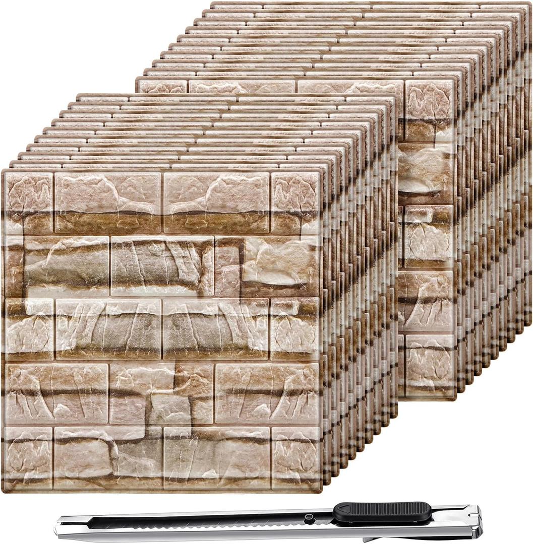 Colarr 60 Pcs 58 Sq ft 3D Wall Panels Peel and Stick Faux Foam 3D Brick Wallpaper Faux Paneling Adhesive Wall Covering Panels Decorative Medieval Tiles Waterproof for Bedroom(Brick Color)