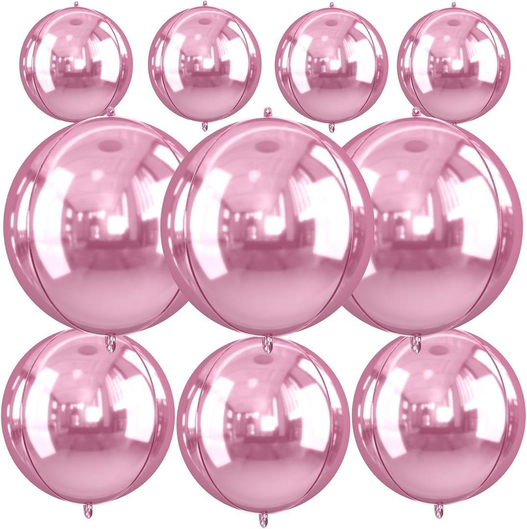 10Pcs Pink Round Foil Balloons, 22" 18" 15" 4D Helium Sphere Balloon, Metallic Light Pink Foil Baloon for Graduation Birthday Wedding New Year 2026 Disco Anniversary Party Decorations