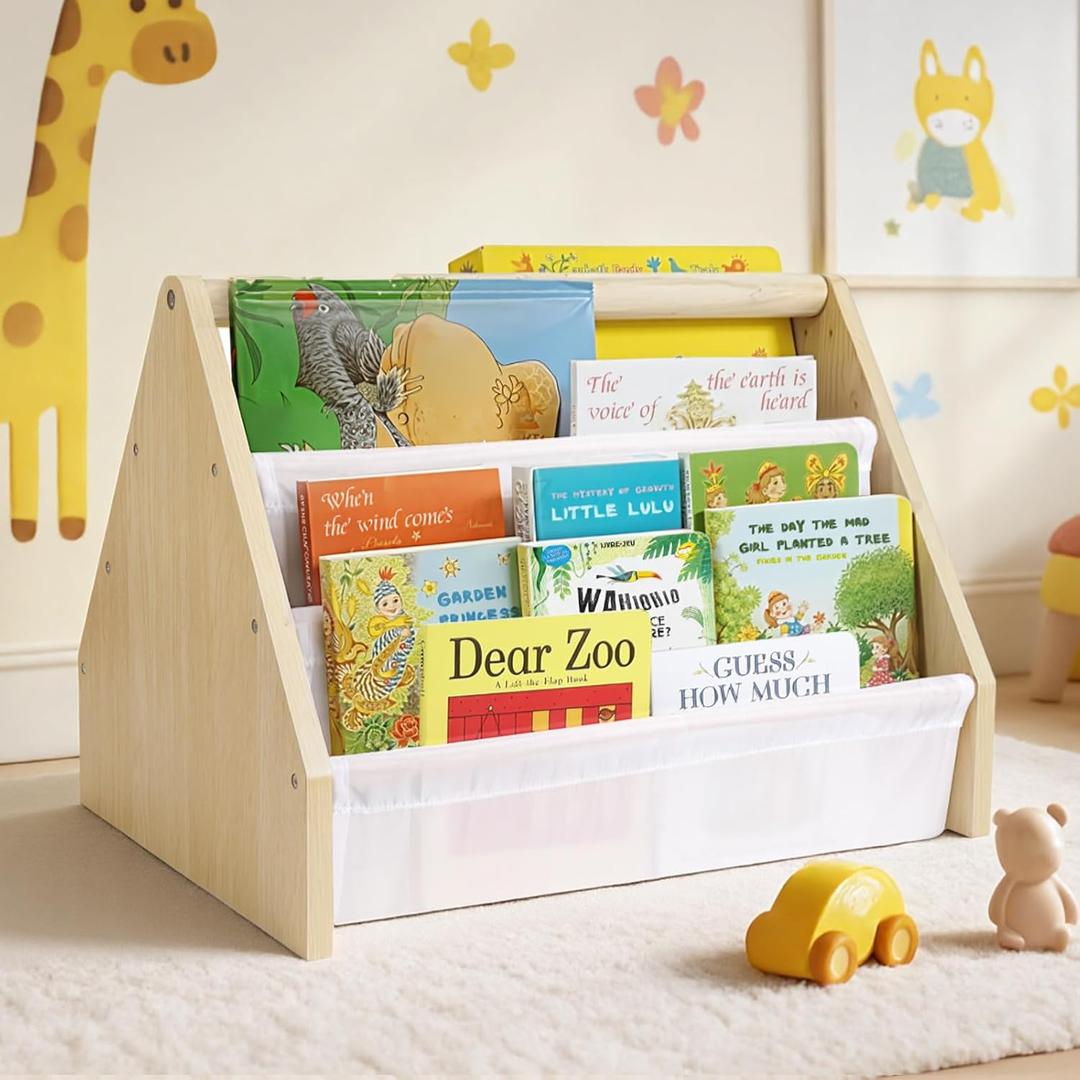 Kids Bookshelf, 19" Nursery Book Shelves for Toddler Rooms, with Deep Fabric Pockets, Montessori Book Shelf for Baby Room, Reading Corner or Playroom Decor