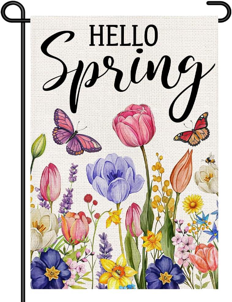 Hello Spring Garden Flag 12x18 Inch, Colorful Tulip & Wildflower Yard Flag with Butterflies, Double Sided Burlap Outdoor Seasonal Decoration for Porch Lawn Garden DF1098