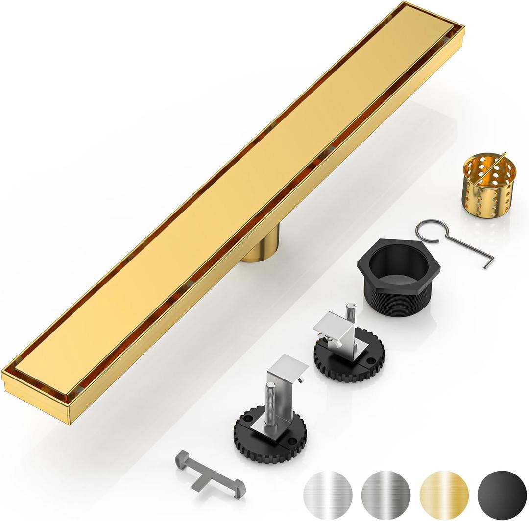 DLONE Linear Shower Drain | 24 Inch AISI 304 Stainless Steel Shower Drain, Shower Drain with 2-in-1 Tile Insert Panel with Adjustable feet, Floor Drain in Bathroom, Kitchen, Garage, etc (Brushed Gold)