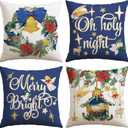 2 x Artscope Christmas Oh Holy Night Merry Bright Jesus Wreath Throw Pillow Covers 16x16 Inch Set of 4, Winter Hoilday Christmas Decoration Pillow Cases for Home Sofa Couch Decor-Blue