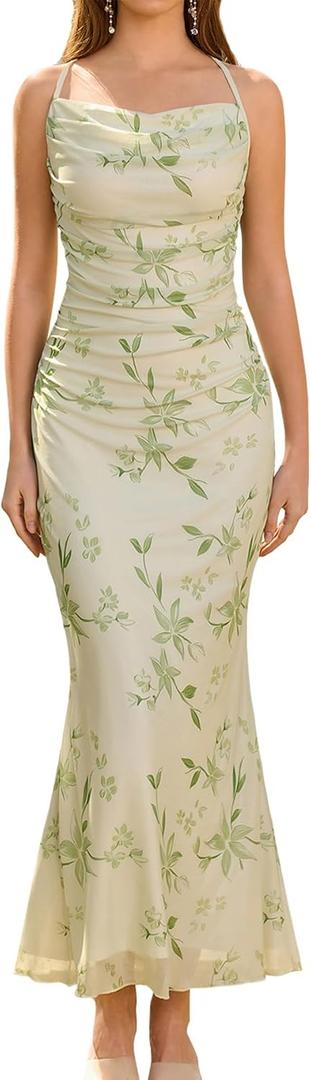 URYIAO Women's Summer 2026 Floral Spaghetti Strap Maxi Dress Sleeveless Ruched Mesh Bodycon Long Wedding Guest Dresses (Green, M)