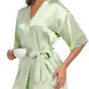 Women's Lace Trim Kimono Robe Bride Bridesmaids Wedding Shower Satin Short Robe Bridal Party Nightgown (Saage Green, S)