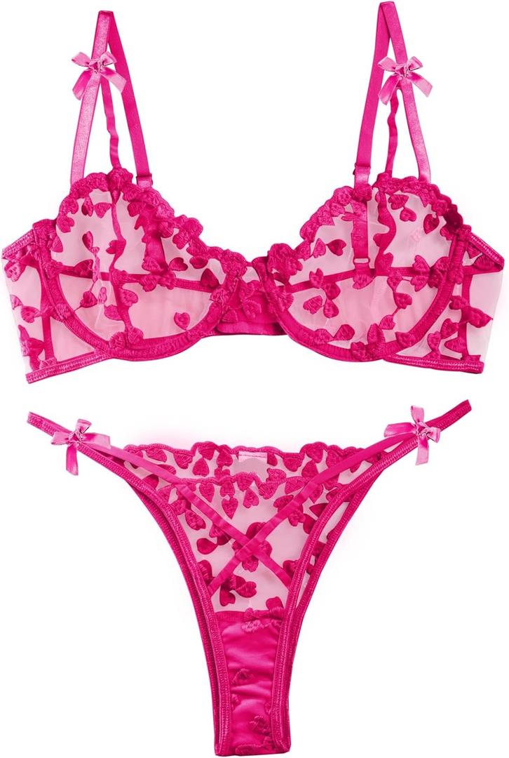 Lilosy Sexy Underwire Cute Push Up Strappy Embroidered Mesh Sheer Lingerie Set See Through Panty Bra (Small, Bow Hot Pink)