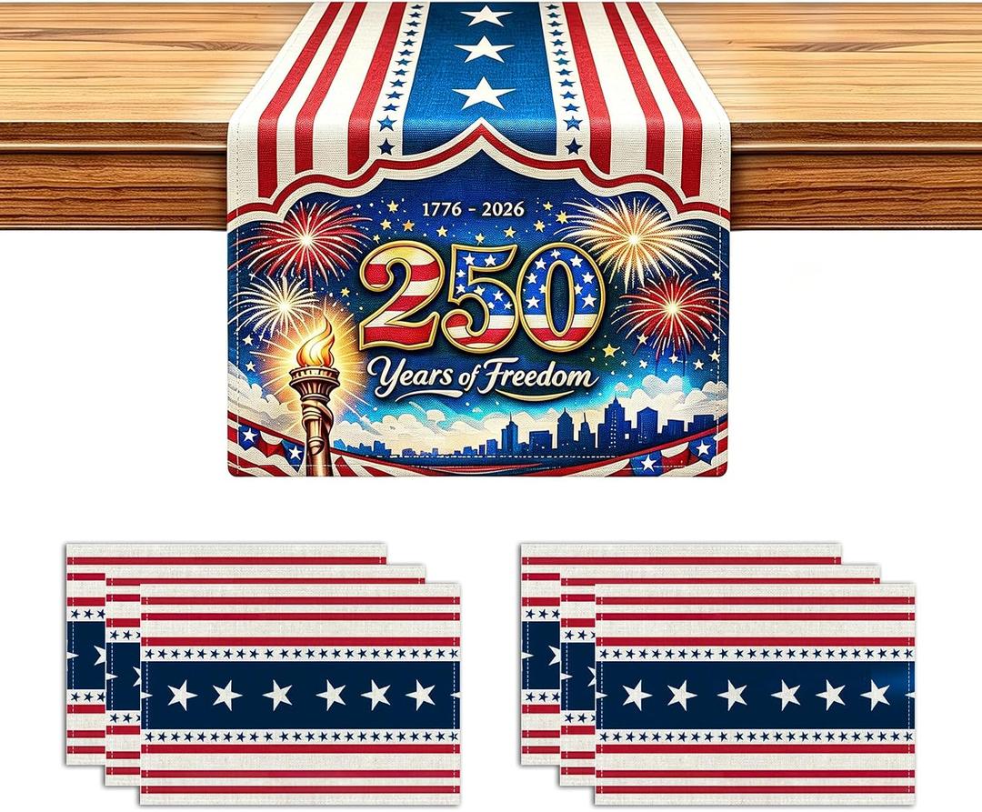 72x13 Inch 250th 4th of July Patriotic USA Stars Table Runner with 6Pcs Place Mats for Independence Day