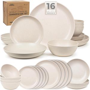 Grow Forward 16-piece Premium Wheat Straw Dinnerware Sets for 4 - Unbreakable Dishwasher & Microwave Safe Plastic Plates and Bowls Sets - Patio, Outdoors, RV, Camping Dishes - Sahara