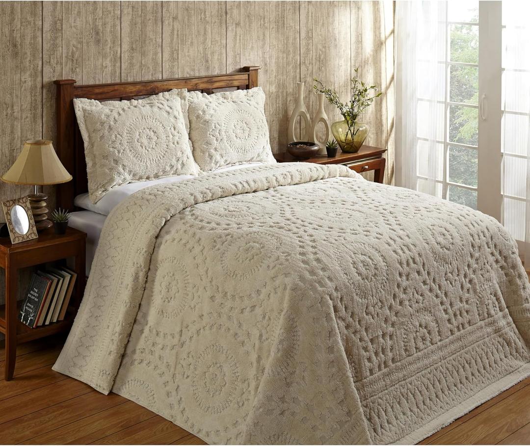 Better Trends King Size Bedspread 100% Cotton Chenille Coverlet Bedspreads, Soft Lightweight All Season Bedding, Ivory Medallion Design 120" x 110"