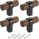 uxcell 4Pcs T-Bar Wooden Drawer Pulls, 1.57" x 0.71" Wood Cabinet Pulls Single Hole Drawer Knobs with Black Base and Screws for Home Kitchen Room Closet Cupboard, Dark Walnut