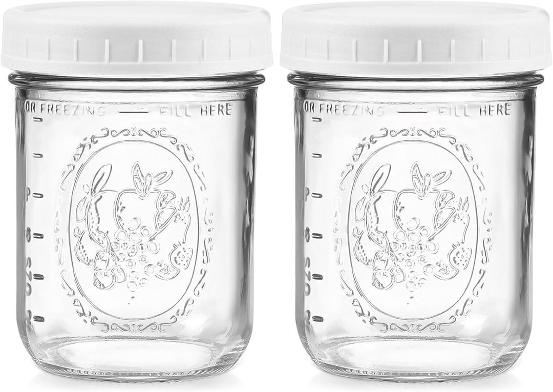 Wide Mouth Mason Jars 16 oz - (2 Pack) - Wide Mouth 16-Ounces Pint Mason Jars with White M.E.M Food Storage Plastic Lids - For Storage, Canning, Freezing, Leak Proof, Microwave & Diswasher Safe