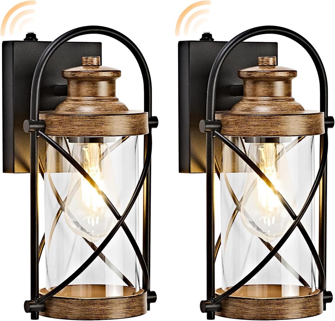 Dusk to Dawn Outdoor Wall Lights Fixtures, Waterproof Exterior Lighting Fixtures with Photocell Sensor,Vintage Faux Wood Grain Metal Cage Lantern Outside Lights for Porch Patio House Garage2 Pack, 12.8''