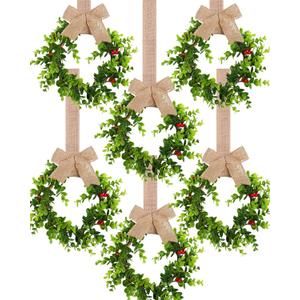 6 Pcs Christmas Kitchen Cabinet Wreaths with Ribbon Small Mini Christmas Wreath for Window Door Chair Wall Xmas Decoration(Rustic)