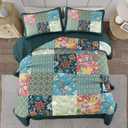 DJY Patchwork Quilt Set Queen Size 3 Pieces Green Plaid Floral Bedspread Coverlet Set, Boho Turquoise Rustic Lightweight Reversible Bedding Quilt for All Season (96''x90'')