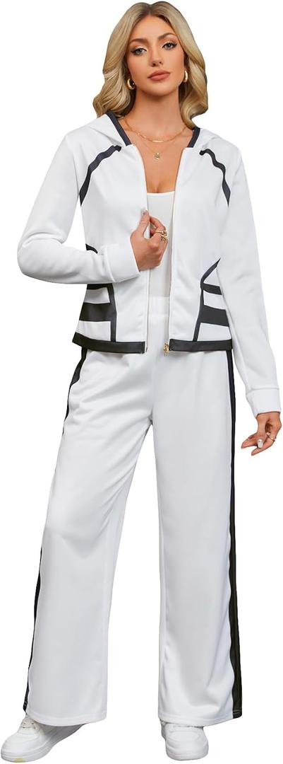 Women's 2 Piece Fall Zip Up Hooded Jacket and Wide Leg Pants Sets (White, M)