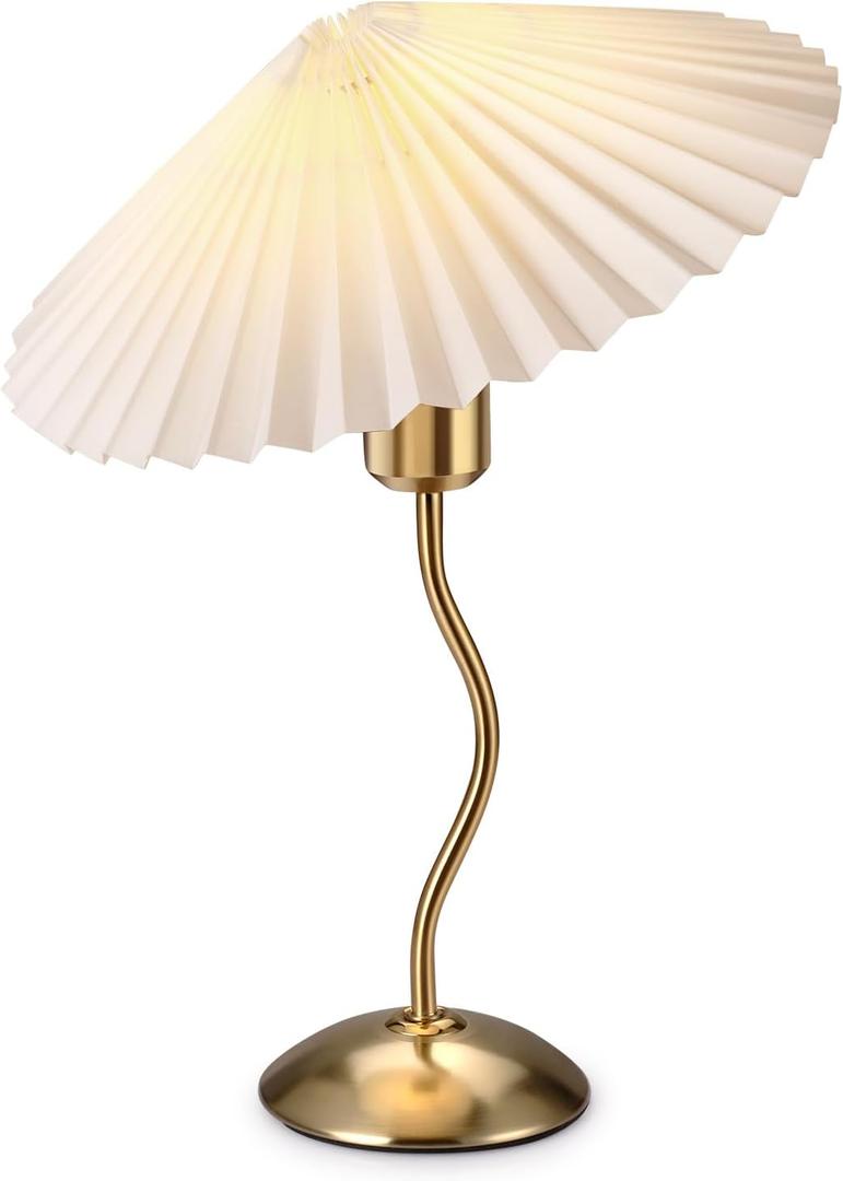Small Pleated Table Lamp, Bedside Table Lamp for Bedroom, Night Stand Light Lamp with Fabric Shade, Morden Mini Lamp, Decor Desk Light for Living Room, Kids Room, Dorm, Home, Office, Nursery (Gold)