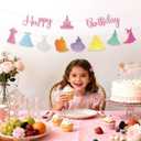 Princess Happy Birthday Banner, Pre-Strung Glitter Birthday Garland with Castle Princess Dresses Cutouts for Girls Party & Baby Shower Decorations