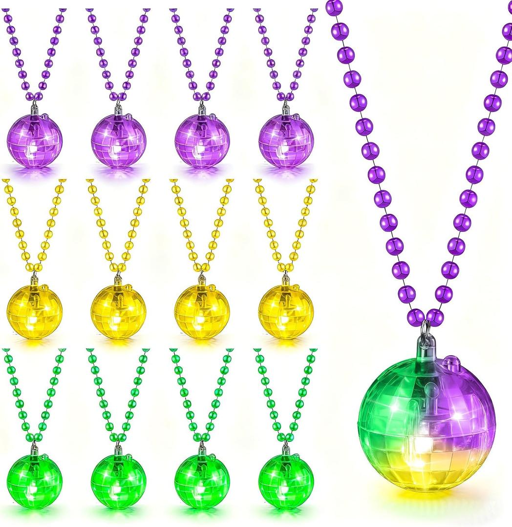 Mardi Gras Beads Necklaces Light Up Neon Mardi Gras Parade Throws Bulk Glow in the Dark Beads LED Disco Bead Necklaces 70s Carnival Throw Party Costume Accessories Party Decor Supplies