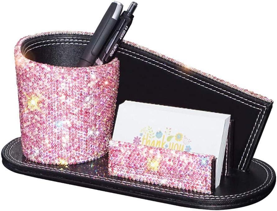 KEYPOWER Pen Pencil Holder Business Name Cards Decorative Bling Crystal Rhinestone PU Leather Gift for Women Girls (Pink)
