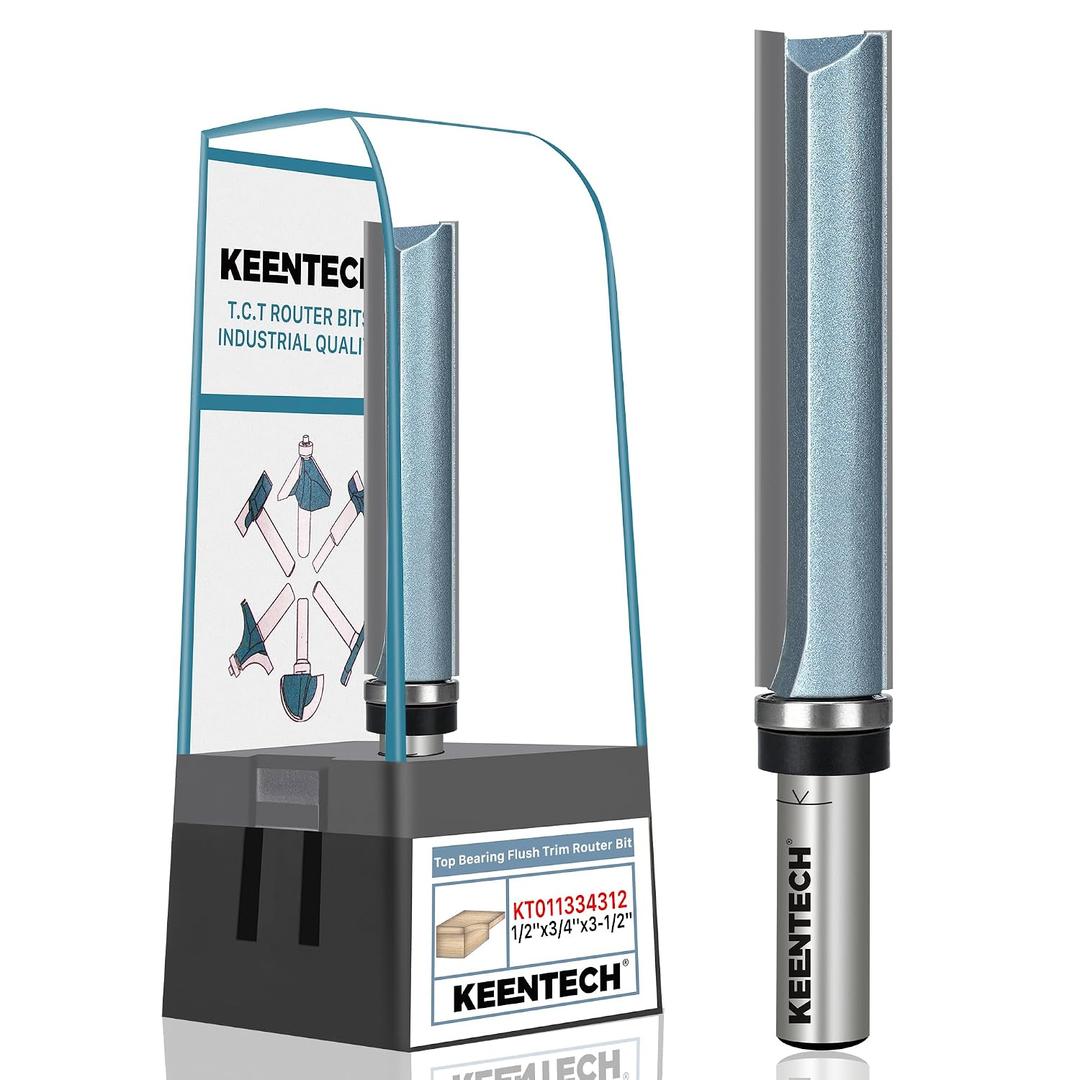 KEENTECH 1/2" Shank Flush Trim Router Bit with Top Bearing, Extra Long, Carbide Tipped Pattern Bit for Woodworking, Heavy Duty Template Cutting Tool, 3/4" Diameter x 3-1/2" Cutting Depth