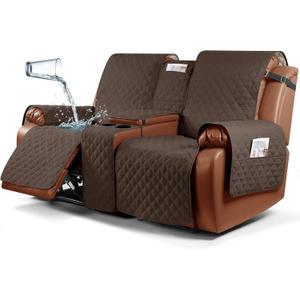 Ruaozz Waterproof Recliner Loveseat Cover with Console Non-Slip Couch Covers for Reclining Couches Pet Cover for Double Recliner Sofa Cover with Elastic Straps for Kid Dogs Pets (Dark Brown, 2 Seater)