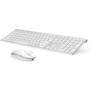 Wireless Keyboard and Mouse, Vssoplor 2.4GHz Rechargeable Compact Quiet Full-Size Keyboard and Mouse Combo with Nano USB Receiver for Windows, Laptop, PC, Notebook-White Silver (White and Silver)
