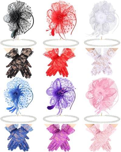 6 Sets Fascinators Hats for Women Tea Party Hat with Veil and Lace Gloves and Bead Necklaces for Vintage Party