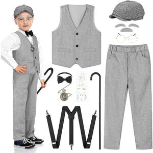 SOMSOC 7 Pieces 100 Days of School Boys Old Man Costume Set Kids Grandpa Vest Hat Costume for School Cosplay Party 8-10 Y