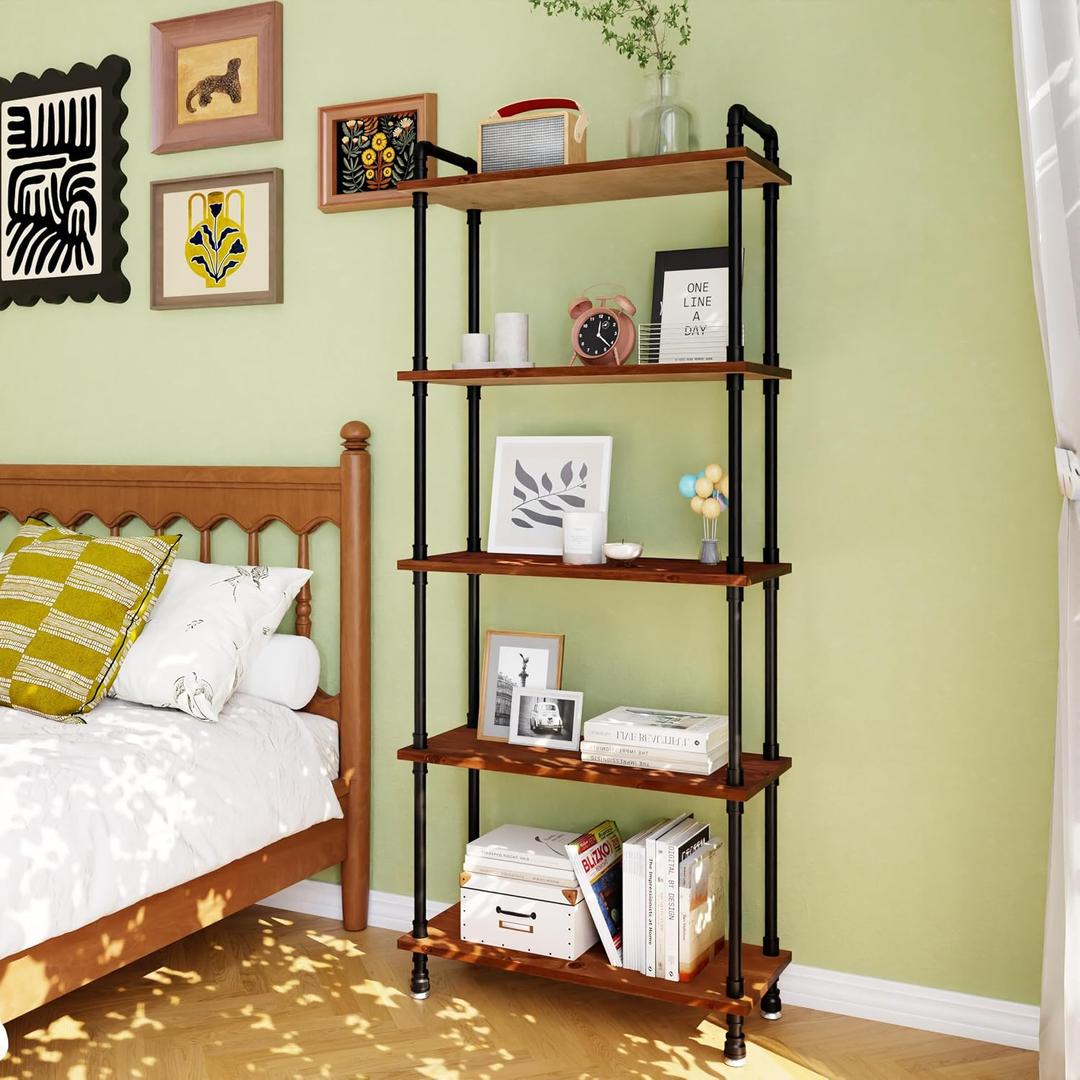 Industrial Bookshelf, Pipe Shelf Bookcase, 5 Tier, 30" Walnut, 30"L × 70"H