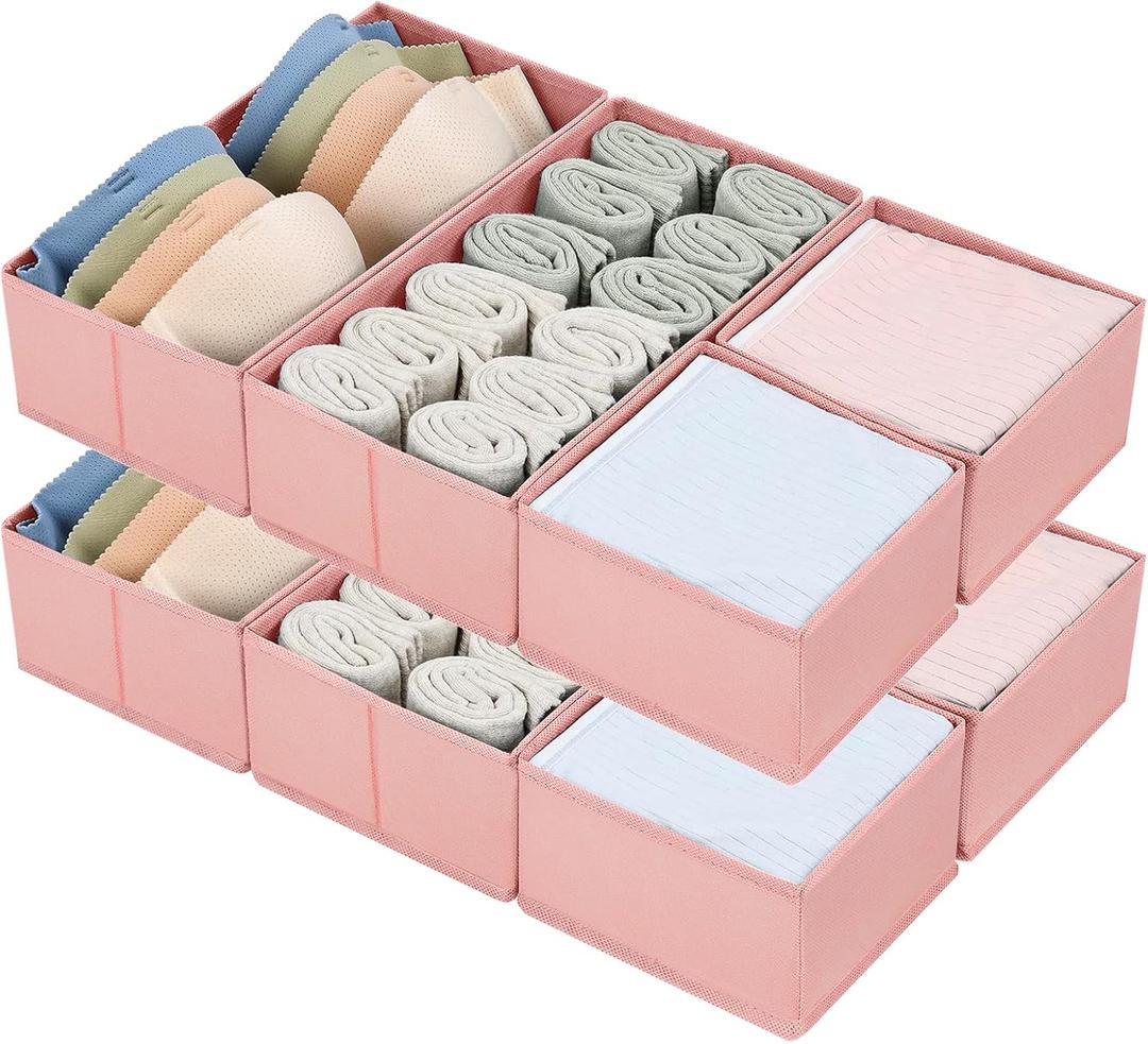 DIMJ Drawer Organizers for Clothing, Set of 8 Dresser Drawer Organizers, Fabric Closet Organizers and Storage, Drawer Dividers for Baby Clothes, Socks, Belt, Tie (Pink)
