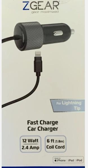 ZGEAR Fast Car Charger 12 Watt 2.4 Amp 6 ft Coil COrd