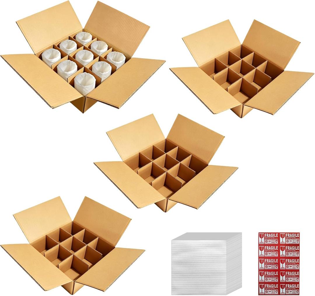 4 Sets Moving Boxes with Divider Kits, 12.5" x 12.5" x 4.5" Glassware Dish Packing Boxes, Shipping Boxes with Foam Pouches Ideal for Home Moving, RV Travel, and E-Commerce Shipping
