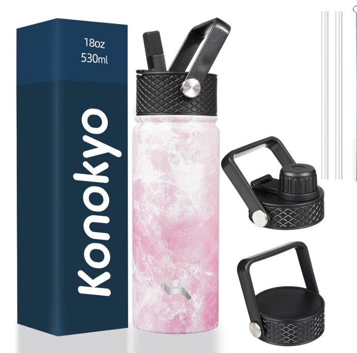 Konokyo 18 oz Insulated Water Bottle Stainless Steel Sport Bottles with 3 Lids,Marble Blossom