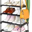 10 Tiers Free Standing Shoe Rack | 20-24 Pairs Shoes Storage Organizer | Stackable Metal Shoe Shelf with Hooks | Space Saving Narrow Shoe Rack for Entryway, Closet, Bedroom, Corner | Black