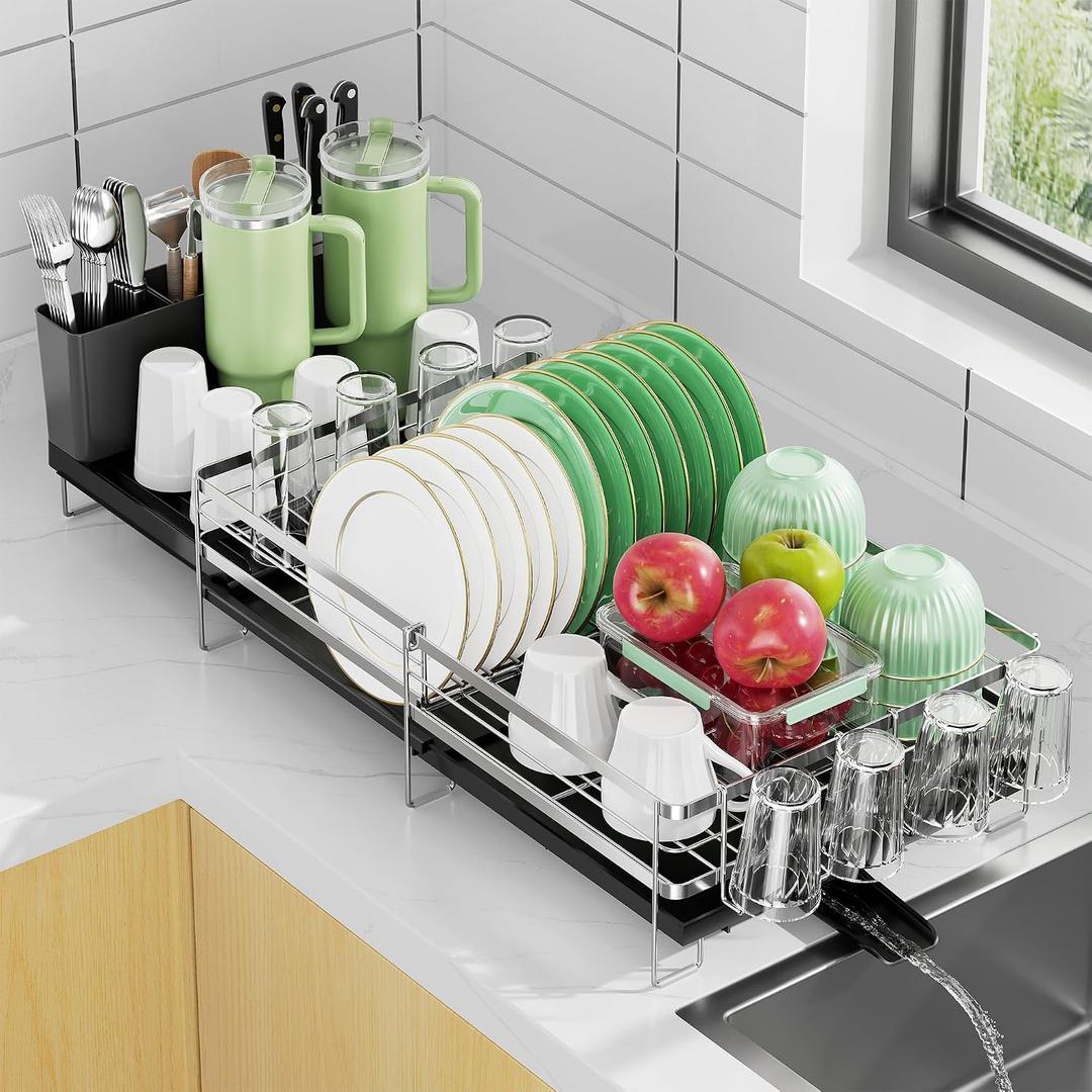 Large Dish Drying Rack, Expandable Dish Rack, Stainless Steel Anti-Rust Dish Racks for Kitchen Counter, Multifunctional Dish Drainer with Utensil Holder & Cup Holder, 13.4"-28.7" L x 11.8" W, 1 Tier