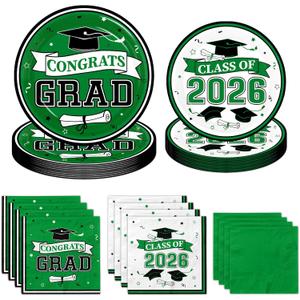 Green Graduation Plates and Napkins Class of 2026 Grad Congrats Party Supplies Disposable Paper Plates Napkins for 2026 Graduation Party Decorations, Serve 50