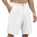 Men's Linen Casual Beach Shorts Cotton Classic Summer Shorts with Buttons Elastic Waist (Large, White)
