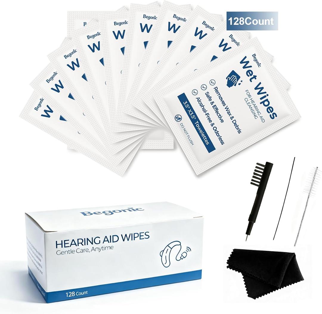 128 Count Hearing Aid Wipes Individually Packaged + 4 Cleaning Tools Kit - Daily Maintenance for All Brands, Fast Earwax/Sweat Removal for Earbuds/Earmolds