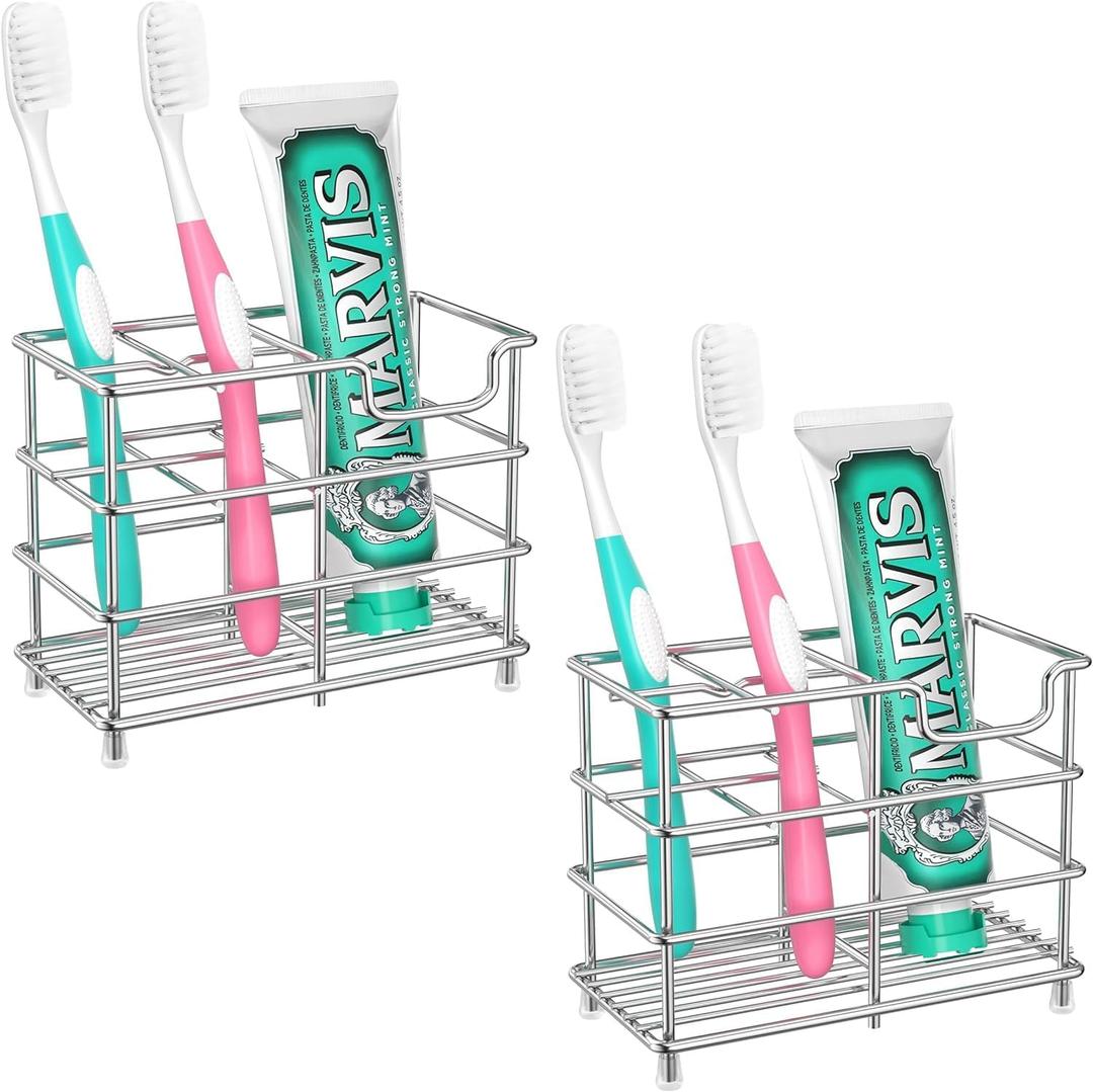 HBlife 2 Pack Small Toothbrush Holder for Bathroom, 5 Slots Silver Stainless Steel Bathroom Accessories Organizer for Small Spaces